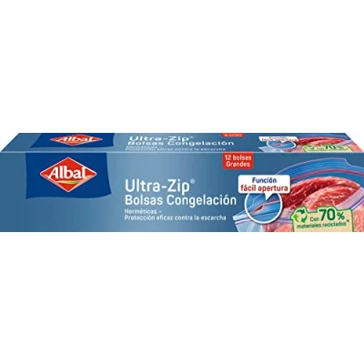 Afbeelding van Albal ultra Zip vrieszak, 3 liter, gemaakt van 70% gerecyclede materialen, zeer robuust, herbruikbaar, recyclebaar, dichte ritssluiting, 12 grote zakken, BPA vrij