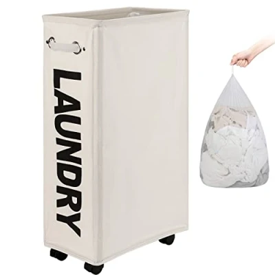 Afbeelding van DOKEHOM 29 Inch Enlarged Slim Wasmand met Verwijderbare Waszak op Wieltjes, Inklapbare Rollende Wasmand, Opvouwbare Smalle Hoekopbergmand voor Kleding (Beige)