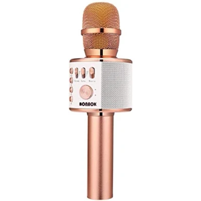 Afbeelding van BONAOK Bluetooth karaokemicrofoon voor kinderen, draadloze dynamische microfoon met luidspreker, Family Party Podcast, auto, microfoon, draadloos, compatibel Android/iOS (roségoud)