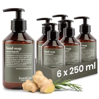Afbeelding van Jean &amp; Len handzeep Rozemarijn Gember, reinigt gestreste handen, voor dagelijks gebruik, vloeibare zeep in navulbare pompdispenser, zonder parabenen, siliconen microplastics, 6 x 250 ml