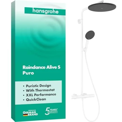 Afbeelding van hansgrohe Raindance Alive S Puro Douchesysteem met thermostaat, regendouche (300 mm) douchekraan, handdouche (3 jets incl. PowderRain), doucheslang, glijstang en douchekop, mat wit, 24592700