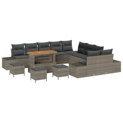 Afbeelding van vidaXL 14 delige tuinsofa set met kussens grijs poly rattan acacia