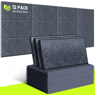 Afbeelding van CAHAYA Akoestische platen, 12 stuks, 9 mm dik, gevoerd, zonder lijm aan de achterkant, 34 x 20 cm, geluidsisolerende isolatieplaat, geluidsabsorberende geluidsreductieplaten voor kantoordeurwanden CY0313 3, donkergrijs