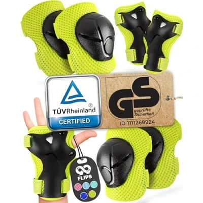 Afbeelding van 99FLIPS kniebeschermers voor kinderen, 3 jaar, inline skates TÜV Rheinland GS zegel [6 delige set] Flash XS groen beschermers, knie en