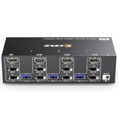 Afbeelding van KVM schakelaar 3 PCs monitoren 8K bij 60 Hz 4K 144 Hz, HDMI+2 Displayport Drievoudige monitor voor computers delen en 4 USB3.0 apparaten, bedrade afstandsbediening