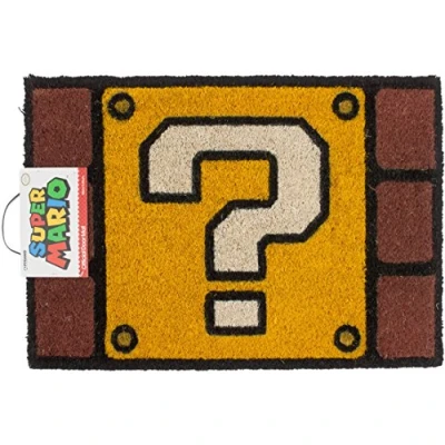 Afbeelding van Super Mario Kokosdeurmat (mystery block design) 40 cm x 60 voordeurmat. Volledige grootte welkomstmat. Binnen en buitendeurmat geschenken officiële koopwaar