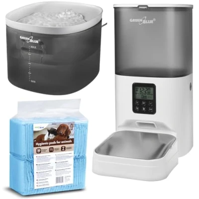 Afbeelding van Green Blue Automatische waterdispenser voor huisdieren, drinkfontein honden en katten, inhoud 3 liter, USB voeding, filter (grijs, + voederdispenser 50 x trainingspads)