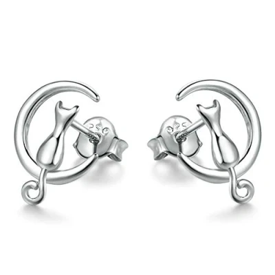 Afbeelding van oorbellen Sterling Slver voor vrouwen meisjes, zilveren kat studs, maan zilver, op oorbellen, dames kleine oorknopjes set slaper hypoallergeen
