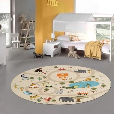 Afbeelding van Teppich Traum Kindertapijt kinderkamer tapijt Safari Street antislip beige rond 160 cm diameter