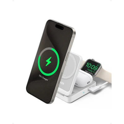 Afbeelding van Anker MagGo 3 in 1 oplaadstation, Qi2 gecertificeerd, draadloze MagSafe oplaadstandaard van 15 W, Apple Watch oplader voor MagSafe, iPhone 14/15, AirPods, 9 (incl. 40W USB C oplader)