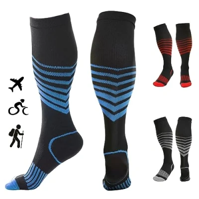 Afbeelding van Kreori Compressiekousen voor dames en heren, steunkousen, compressiesokken sport, wandelen, fietsen, vlucht, hardlopen, reizen, zwangerschap, verpleegsters, 15 20 mmHg, Lichtblauw, 1 paar,