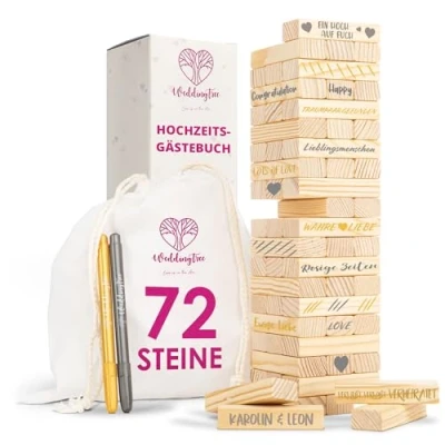Afbeelding van WeddingTree Houten toren als gastenboek bruiloft met 72 stenen, opbergzak en 3 metallic markers bruiloftsspel alternatief voor ideeën