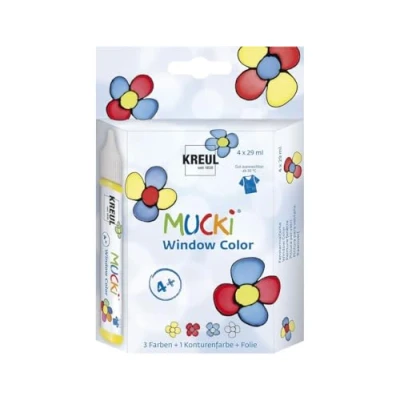 Afbeelding van KREUL 24450 Mucki Window Color Set, 4 x 29 ml verf en stevige folie, raamverf op waterbasis, parabeenvrij, glutenvrij, lactosevrij, veganistisch, gemakkelijk te schilderen, afwasbaar