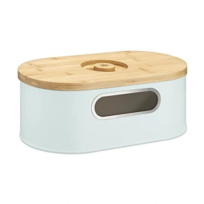 Afbeelding van Navaris broodtrommel met houten deksel Broodbox snijplank als Ovale opbergbox inkijk 34,2 x 18,6 13 cm Mintgroen