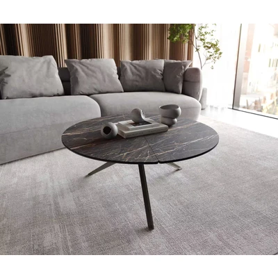 Afbeelding van DELIFE Salontafel Delron 90x90 cm keramiek Laminam®Noir Desir bruin kruisvoet plat metaal effect afwerking titanium