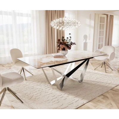 Afbeelding van DELIFE Eetkamertafel Edge 180 220x100 keramiek Minas Melange wit beige spider vlak staal RVS uitschuifbaar