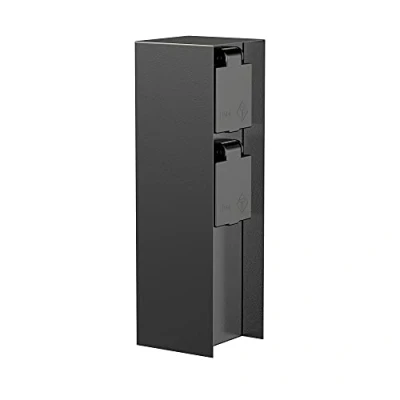 Afbeelding van ledscom.de Tuincontactdooszuil POMI voor buiten, IP44, 2 weg, roestvrij staal, zwart, vierkant, 23 cm, buitenstopcontact, tuincontactdoos, wandcontactdoos toren, stroomzuil