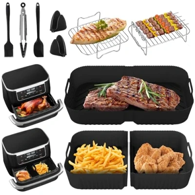 Afbeelding van Siliconen luchtfriteuse voering voor Ninja Foodi Flexlade AF500UK/AF500UKCP, 1 x 10,4L + 2 * 5,2 l grote dubbele heteluchtfriteuse accessoires, inclusief Air Fryer manden, grillrek, handschoenen,