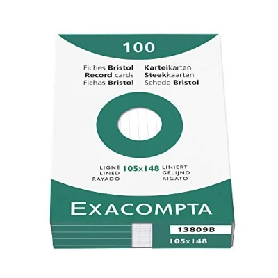 Afbeelding van Exacompta 13809B Verpakking (met 100 indexkaarten, DIN A6, 105 x 148 mm, gelinieerd, ideaal voor school), 1 stuk, wit