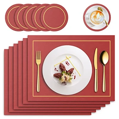 Afbeelding van RIWNNI Set van 6 placemats PU leer, en onderzetters, wasbaar, antislip, waterdicht, hittebestendig, rechthoekig, 41 x 31 cm (rood)