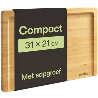 Afbeelding van Praknu Bamboe Snijplank Met Sapgeul Compact 31,5 X 21,5 Cm Omkeerbaar Voor Het Snijden en Serveren Van Groenten, Vlees Meer FSC® Ruimtebesparend Praktisch