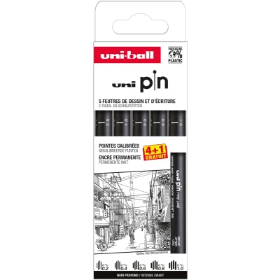 Afbeelding van Uni Pin fineliner set zwart 0,2 1,0 mm 4+1 gratis