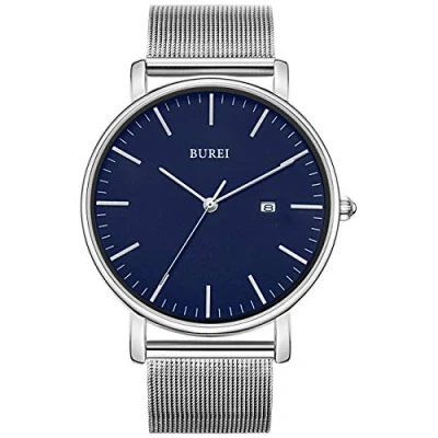 Afbeelding van BUREI Ultradunne minimalistische moderne herenhorloge Classy Date met klassiek eenvoudig ontwerp van groot gezicht en roestvrij stalen band (zilverblauw)