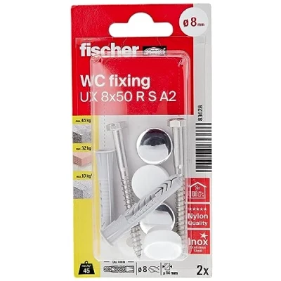 Afbeelding van fischer WC bevestigingsset N K bestaande uit 8 stuks/2 universele pluggen, 2 schroeven 6 x 70, sluitringen, witte doppen, chromen doppen 83628