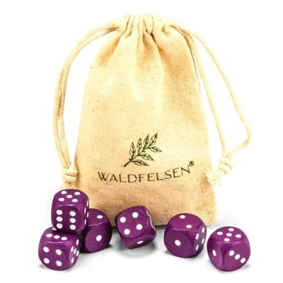 Afbeelding van Waldfelsen 6, 12, 20, 30 of 50 hoogwaardige houten kubussen van echt beukenhout, 16 mm standaard dobbelstenen met stoffen zak, kubusset (paars, 6 stuks)