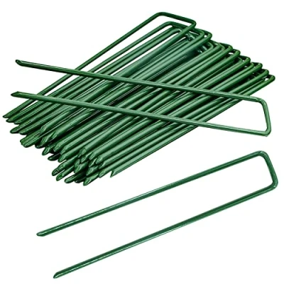 Afbeelding van tuin beveiligen haringen, 6 inch palen gegalvaniseerd landschap nietjes, groene U vormige netpennen metalen gras pinnen Spikes voor onkruid barrière stof (20 stuks)
