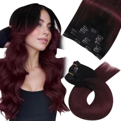 Afbeelding van Moresoo Clip in Hairextensions van Echt Haar Zwart Voor Haarverlenging Dubbele Inslag Extensions Remy Balayage tot Wijnrood #1B/99J 120g 50 cm 7PCS