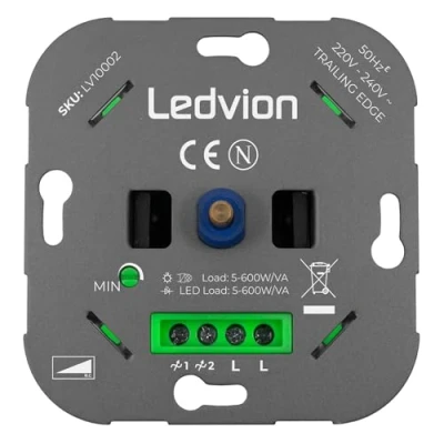 Afbeelding van Ledvion LED Dimmer 5, 600 Watt, Universeel, LED, Lamp, Inbouwdimmer, Dimmerschakelaar, Dimmer, Afdekraam, Afdekplaat voor Lampen, Fase afsnijdbare