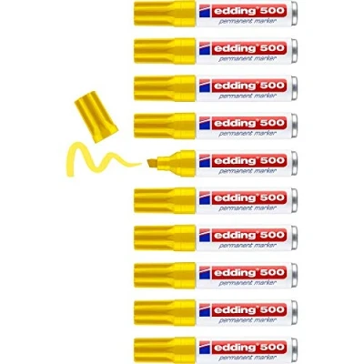 Afbeelding van edding 500 permanent marker geel 10 stiften beitelpunt 2 7 mm watervast, sneldrogend wrijfvast voor karton, kunststof, hout, metaal, glas
