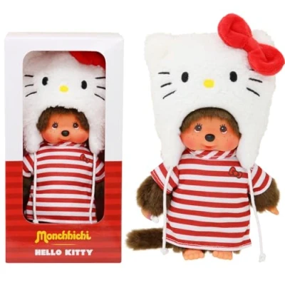 Afbeelding van Bandai Monchhichi Hello Kitty pluche iconische aappluche uit de jaren 80 zacht 20 cm voor kinderen en volwassenen muts speelgoed vanaf 2 jaar SE252848