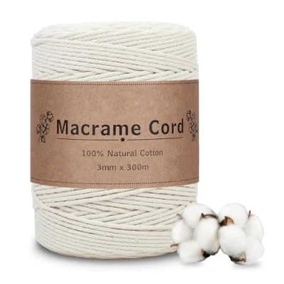 Afbeelding van VORHOT Macramégaren, 3 mm x 300 m, beige, macramé katoenen garen, mm, natuurlijk koord voor doe het zelf handwerk, breien, boho decoratie, wandbehang, woonkamer, balkon
