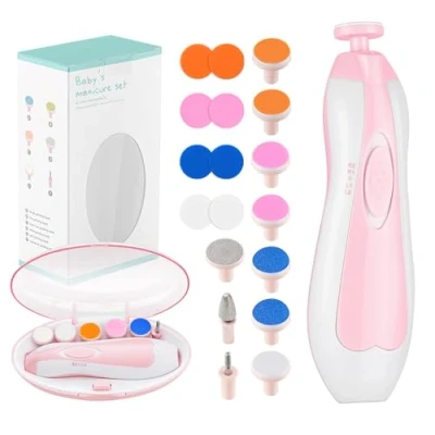 Afbeelding van Zooawa Baby Nail Clippers Kit, Safe Electric File Grooming Tools Grinding Trimmer Manicure Set for Newborn Infant Adult Toes and Fingernails, with LED Light, AA Battery Operated, Pink