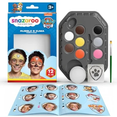 Afbeelding van Snazaroo 1172202 Paw Patrol Make up Set Rubble &amp; Zuma 8 watergedragen gezichts en lichaamsverven met spons, penseel, stencil, instructies