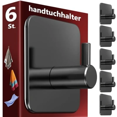 Afbeelding van Menz Handdoekhouder zonder boren, 6 stuks zwarte kleefhaken extra sterk, roestvrij, ideaal als handdoekhaak voor badkamer en keuken premium haak zelfklevend incl. kleefpads