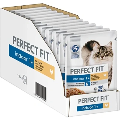 Afbeelding van Perfect Fit Indoor 1+ natte voeding voor volwassenen huiskatten vanaf 1 jaar kip en erwten in sauzen ondersteunt de vitaliteit 12 x 85 g