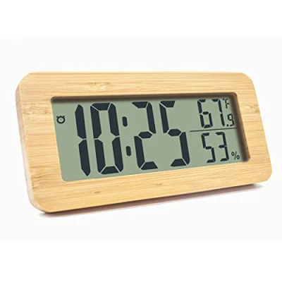 Afbeelding van Nachtkastklok, wekker op batterijen, digitale klok met temperatuurweergave en luchtvochtigheid, groot display, bruin mini wekker, houten led zonder tikken, voor werkkamer kantoor