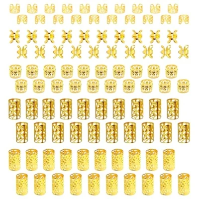 Afbeelding van INNAL 100 stuks haarringen, 5 stijlen, haaraccessoires, aluminium vlechten, accessoires voor dreadlocks, vlechten mannen en vrouwen (goud)