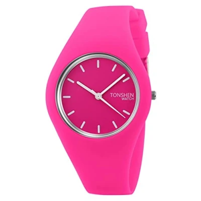 Afbeelding van TONSHEN Dameshorloge, modieus, analoog, kwarts, horloges, eenvoudig, casual, rubber, polshorloge voor dames en meisjes, 12 kleuren, roze rood, Riemen.