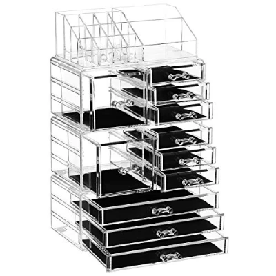Afbeelding van SONGMICS 4 in 1 XXL make up Organizer, cosmetica organizer met 11 lades en 15 vakken verschillende maten, anti slip inzetstukken, voor sieraden, transparant JKA017TP