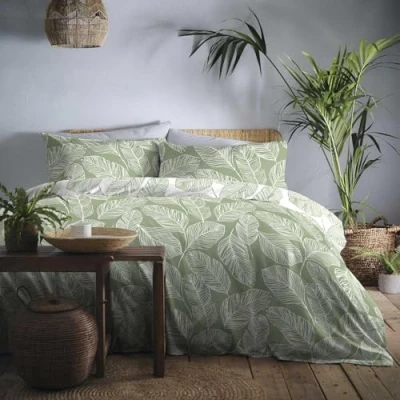 Afbeelding van Fusion Matteo Green Leaf Dekbedovertrek Eenpersoons beddengoed (140 x 200 cm) Omkeerbaar ontwerp (witte en groene kleuren) groen blad/bladeren Saliegroen