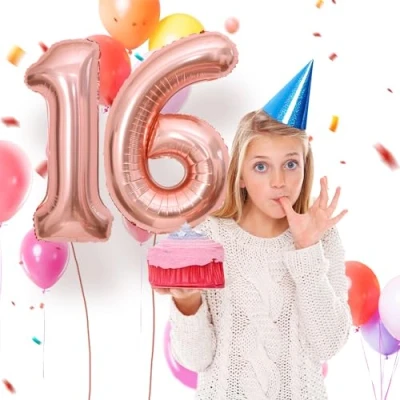 Afbeelding van Verjaardagsballonnen 16 roségoud 100 cm ballon cijfer 16, nummer Happy Birthday decoratie, ballonnen, verjaardagsfeest, jaren vliegen dankzij helium