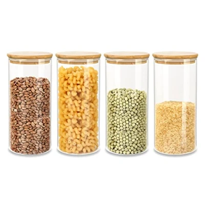 Afbeelding van Set van 4 potten met bamboe deksels, in 6 verschillende matten, stapelbaar, luchtdicht, potten, voorraadglas, inhoud: 1600 ml