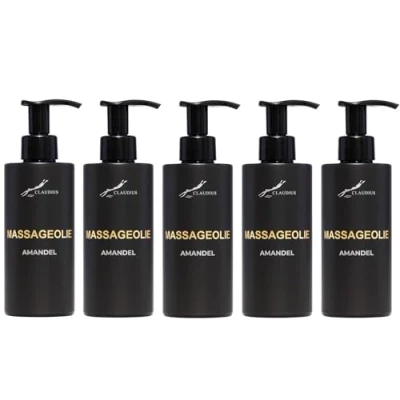 Afbeelding van Massageolie Amandelolie 300 ml met pomp zwarte fles 100% natuurlijk biologisch en koud geperst set van 5 stuks Voordeelverpakking