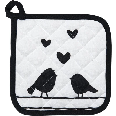 Afbeelding van Clayre &amp; Eef Kind pannenlap 16x16 cm Wit Zwart Katoen Harten Vogels Moeder dochter