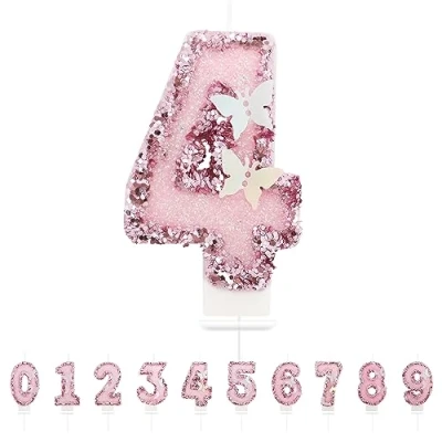 Afbeelding van Verjaardagskaarsen voor 4 jaar, 3D vlinderkaarsen, aantal verjaardagskaarsen, roze kaarsen, taartdecoratie, geschikt verjaardagsfeesten, babyshower