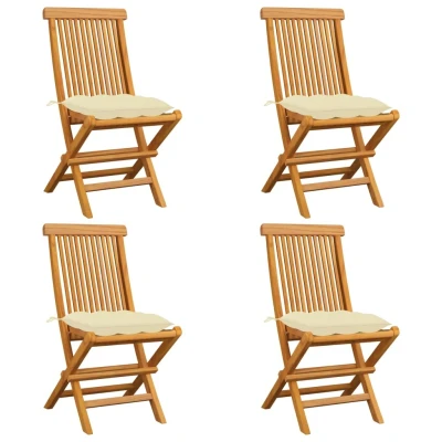 Afbeelding van Tuinstoelen 4 st met crèmewitte kussens massief teakhout